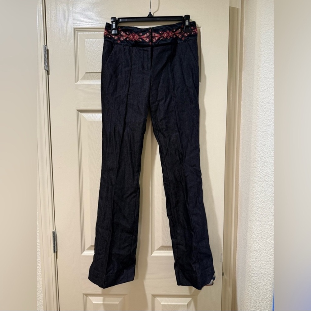 Bebe Black Wool Blend Flared Pants  4 | Red Accent Waistband Dress Trousers